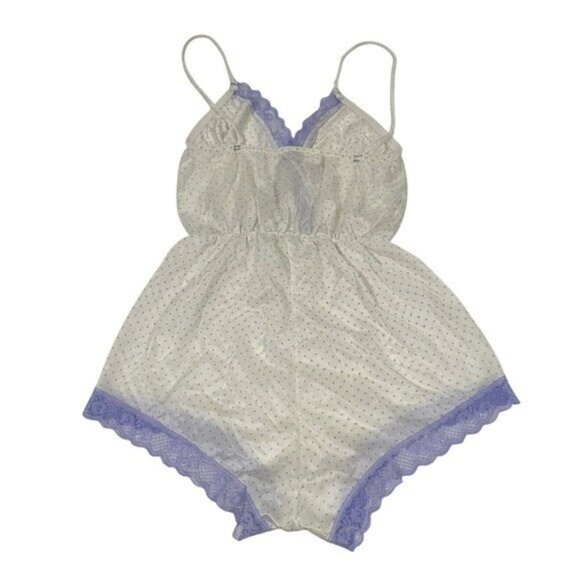 Vintage Union Made Lingerie S Playsuit Sleep Romper Purple Polka Dot Lace USA - Picture 2 of 5